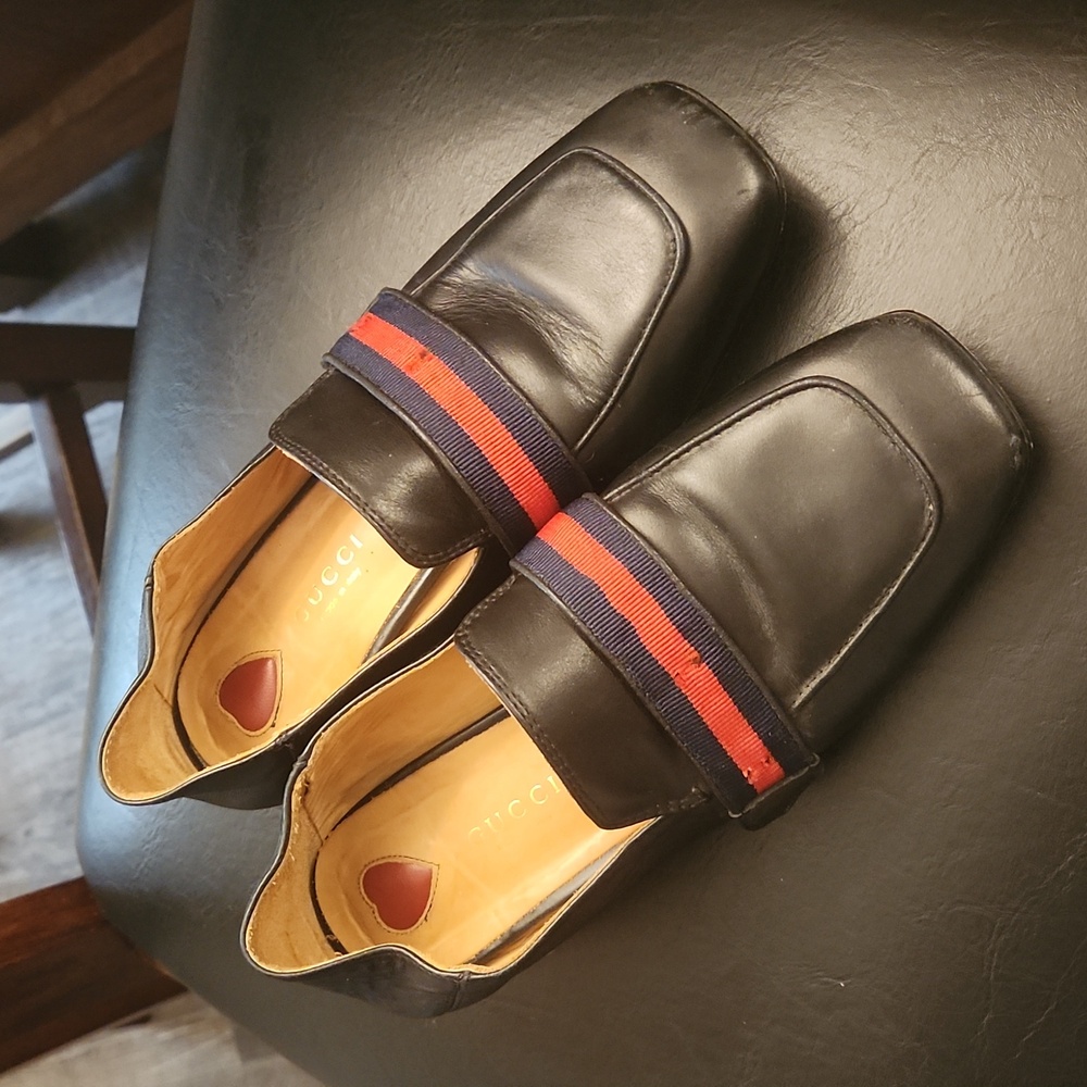 Gucci Black Leather Mules with Navy and Red Web Stripe